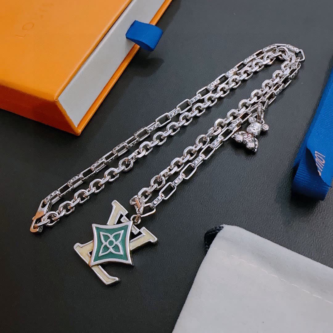 Louis Vuitton Silver Chain Necklace with LV Logo and Bear Charm